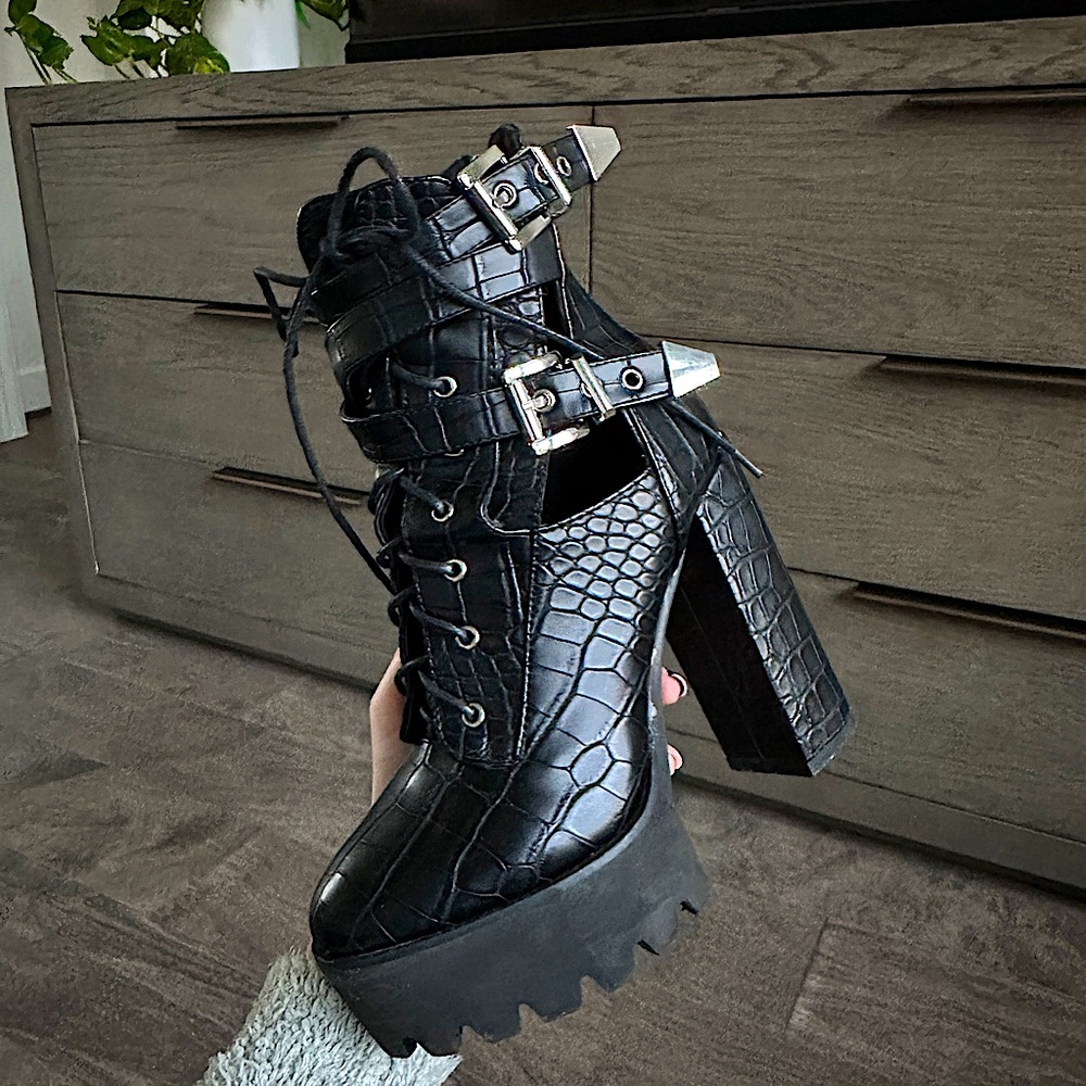 Simmi London leather cutout platform ankle boot with buckles and ties